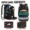 A black durable travel backpack showing various storage features including a top pocket and laptop storage compartment.