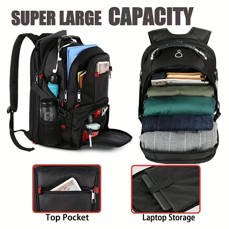 A black durable travel backpack showing various storage features including a top pocket and laptop storage compartment.