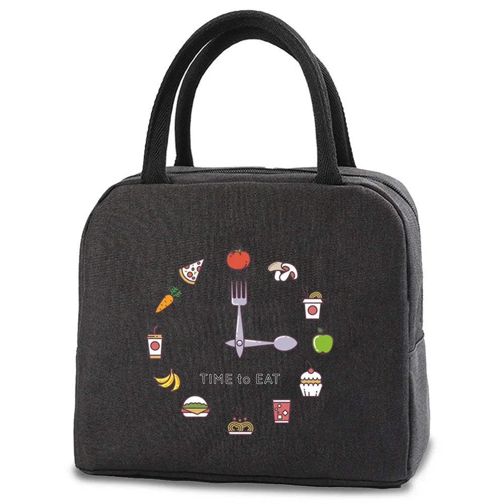 Black insulated canvas lunch bag featuring various food icons like a fork, sandwich, and apple.