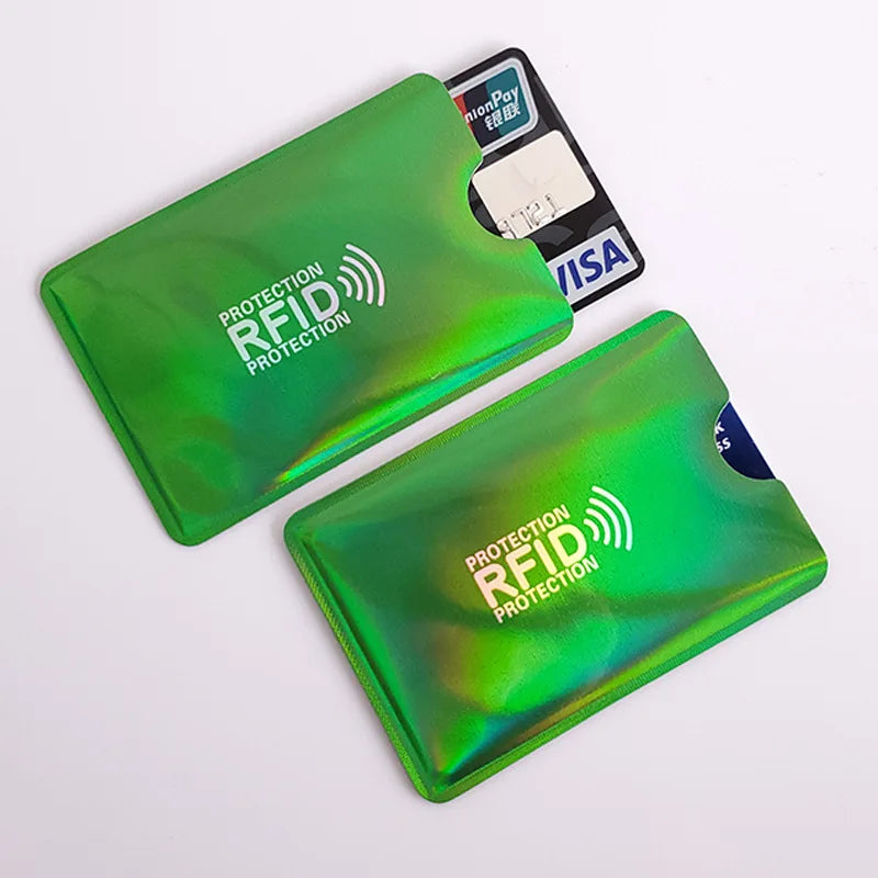 A green card sleeve with RFID protection features is shown next to a black card.