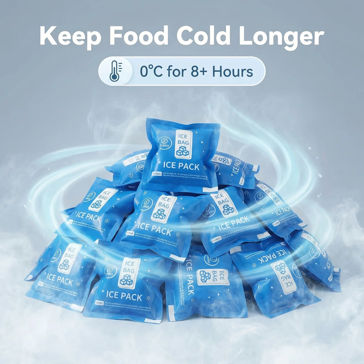 Blue ice packs are shown in a pile, demonstrating their ability to keep food cold for 8+ hours.