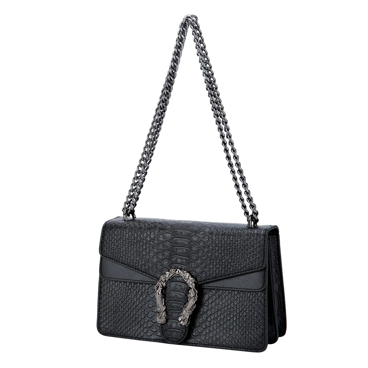 Bolso cruz de hombro con estampado de serpiente negra y correa de cadena plateada