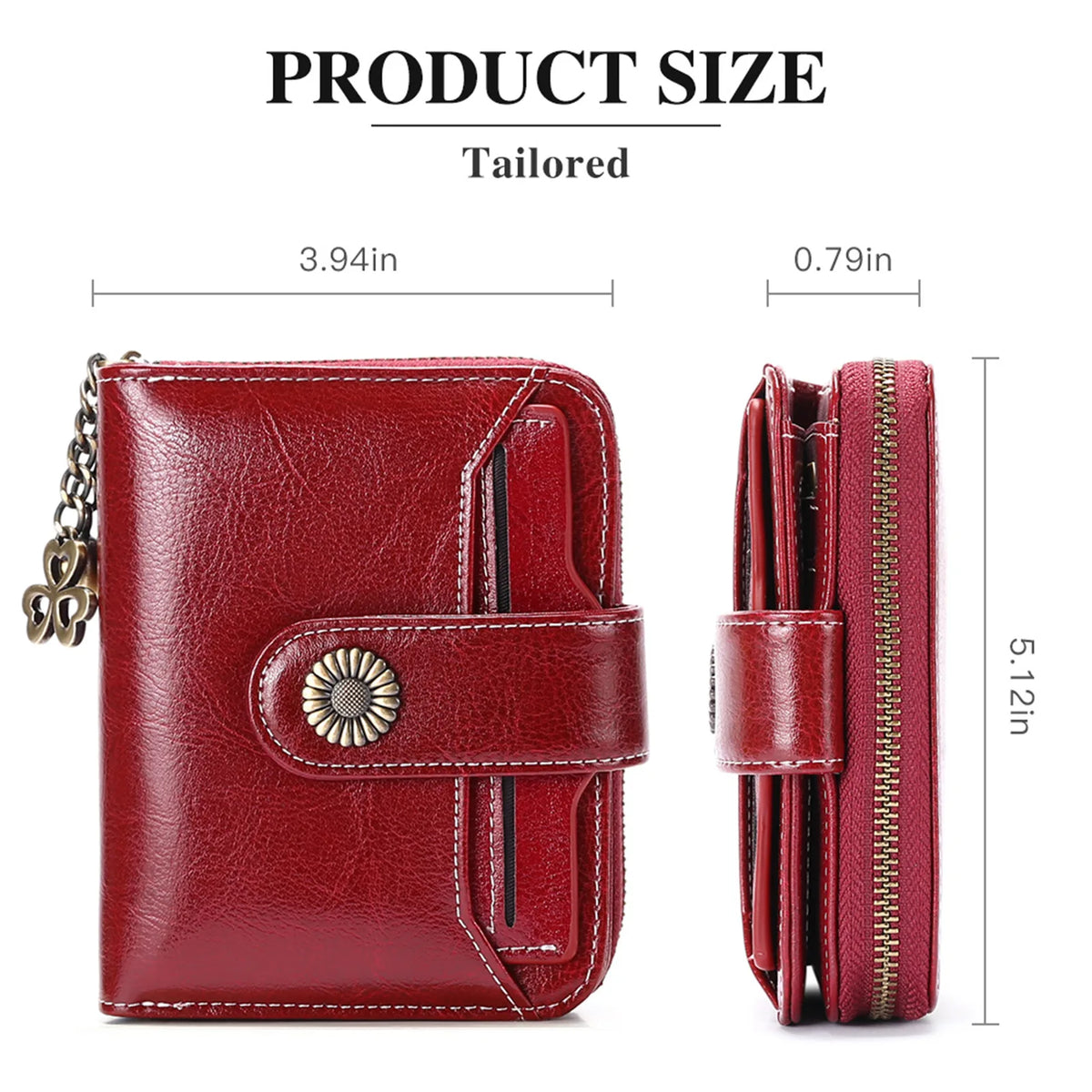 A maroon leather wallet with a clasp closure and card slots shown in both flat and folded views.