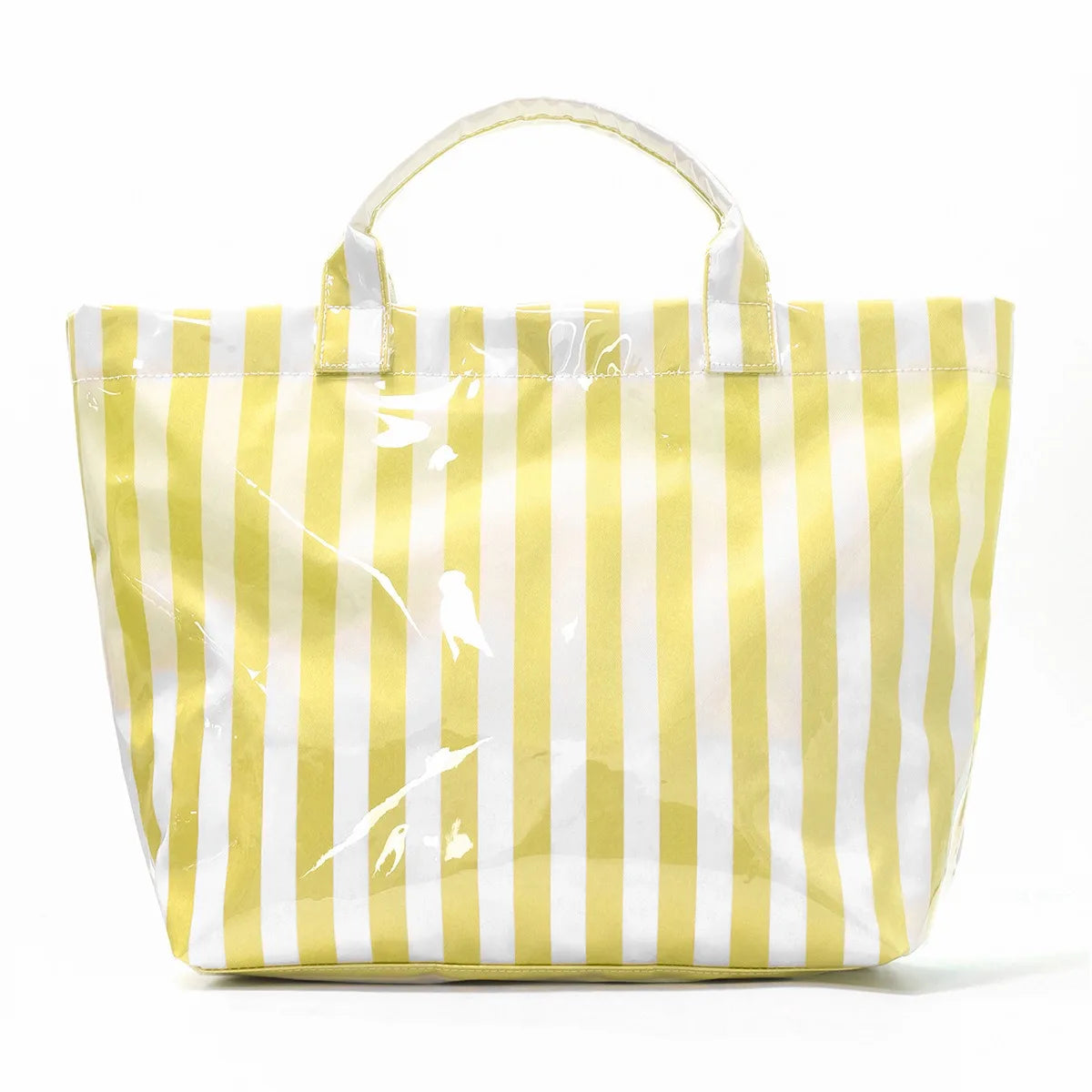 A yellow and white striped lightweight tote bag with a handle, shown against a white background.