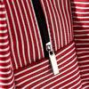 Close-up of a red and white striped fabric detail on an insulated lunch tote featuring a black zipper.