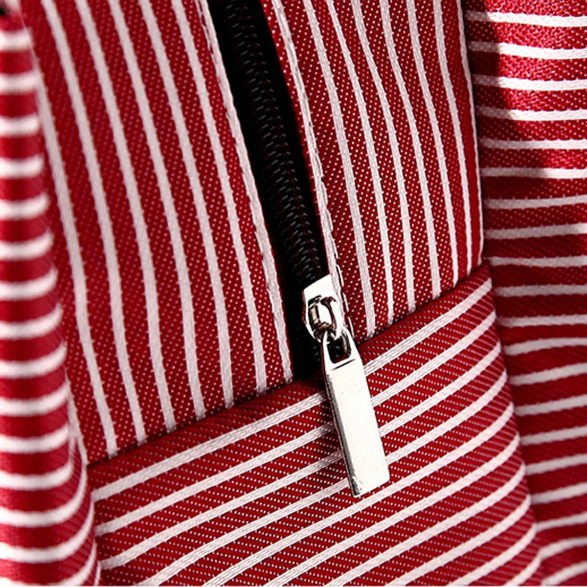 Close-up of a red and white striped fabric detail on an insulated lunch tote featuring a black zipper.
