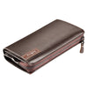 A dark brown leather business handbag clip wallet with a zippered closure and a branded flap.