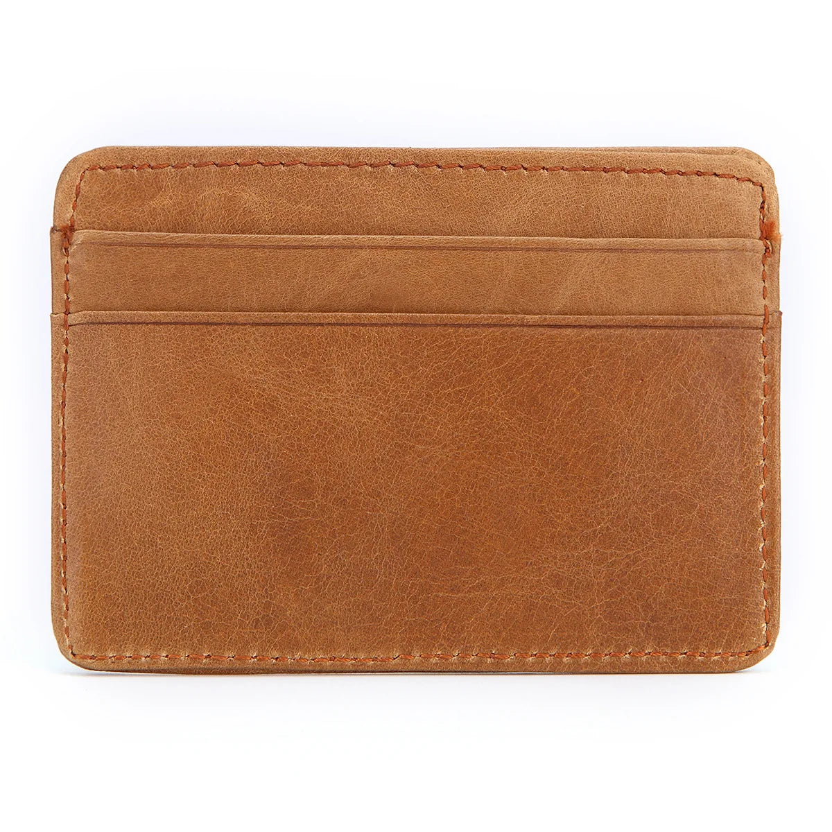 Braunes, echtes Kuhfell-Kartenträger-Wallet mit gestickter Kante.