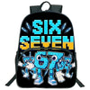 A black backpack featuring a graphic design with the text SIX SEVEN in bright blue and yellow.