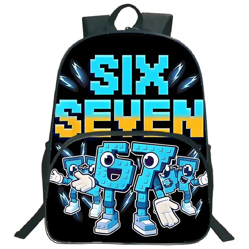 A black backpack featuring a graphic design with the text SIX SEVEN in bright blue and yellow.