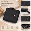 A black leather wallet with a zipper and stitching is shown next to various features like coin pockets and a neat finish.
