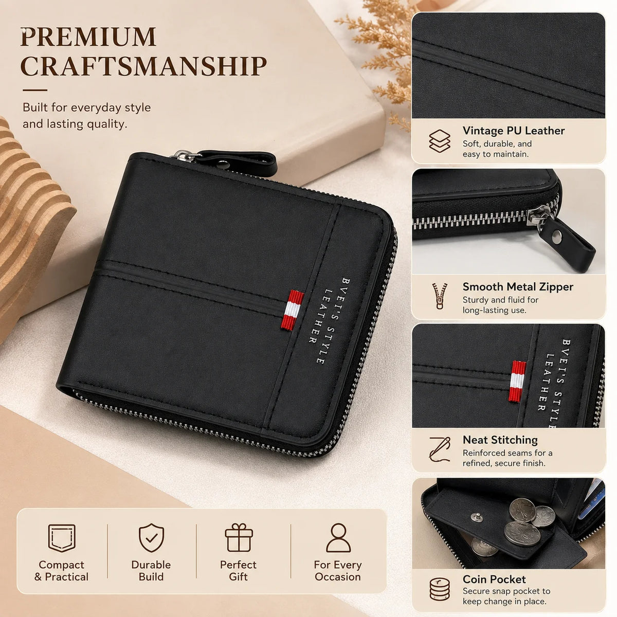 A black leather wallet with a zipper and stitching is shown next to various features like coin pockets and a neat finish.