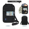 Black RFID blocking neck wallet shown from the front and back views with travel documents inside