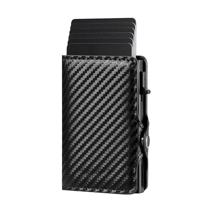 Black slim RFID-blocking card holder with a textured carbon fiber design
