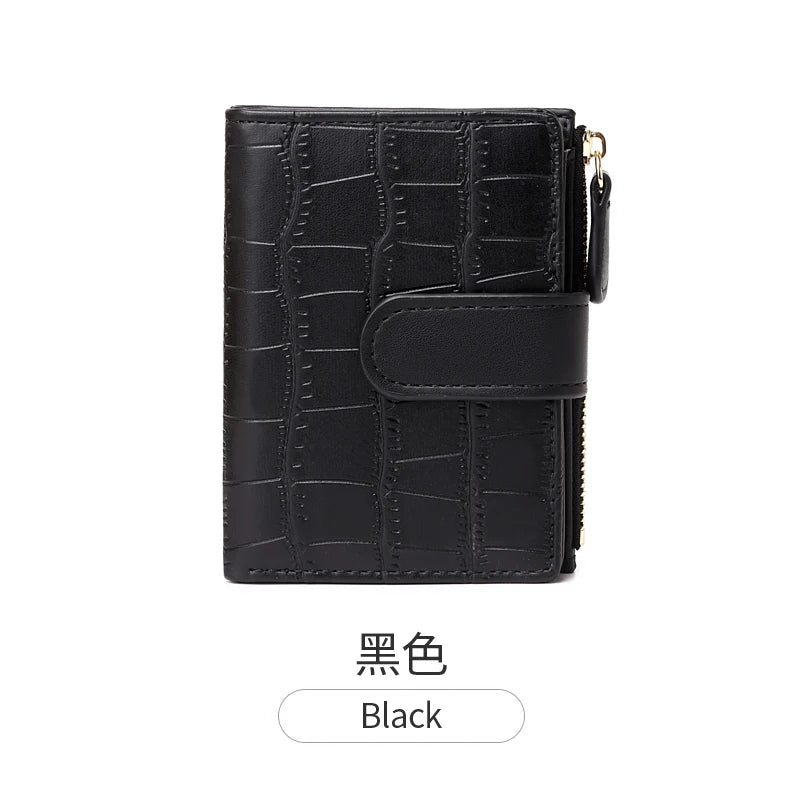 Black minimalist PU leather bi-fold wallet with an ID window.