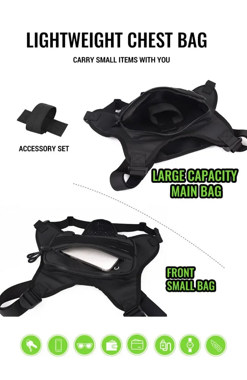 Black lightweight chest bag featuring a large main bag and a front small bag, with various accessories shown.