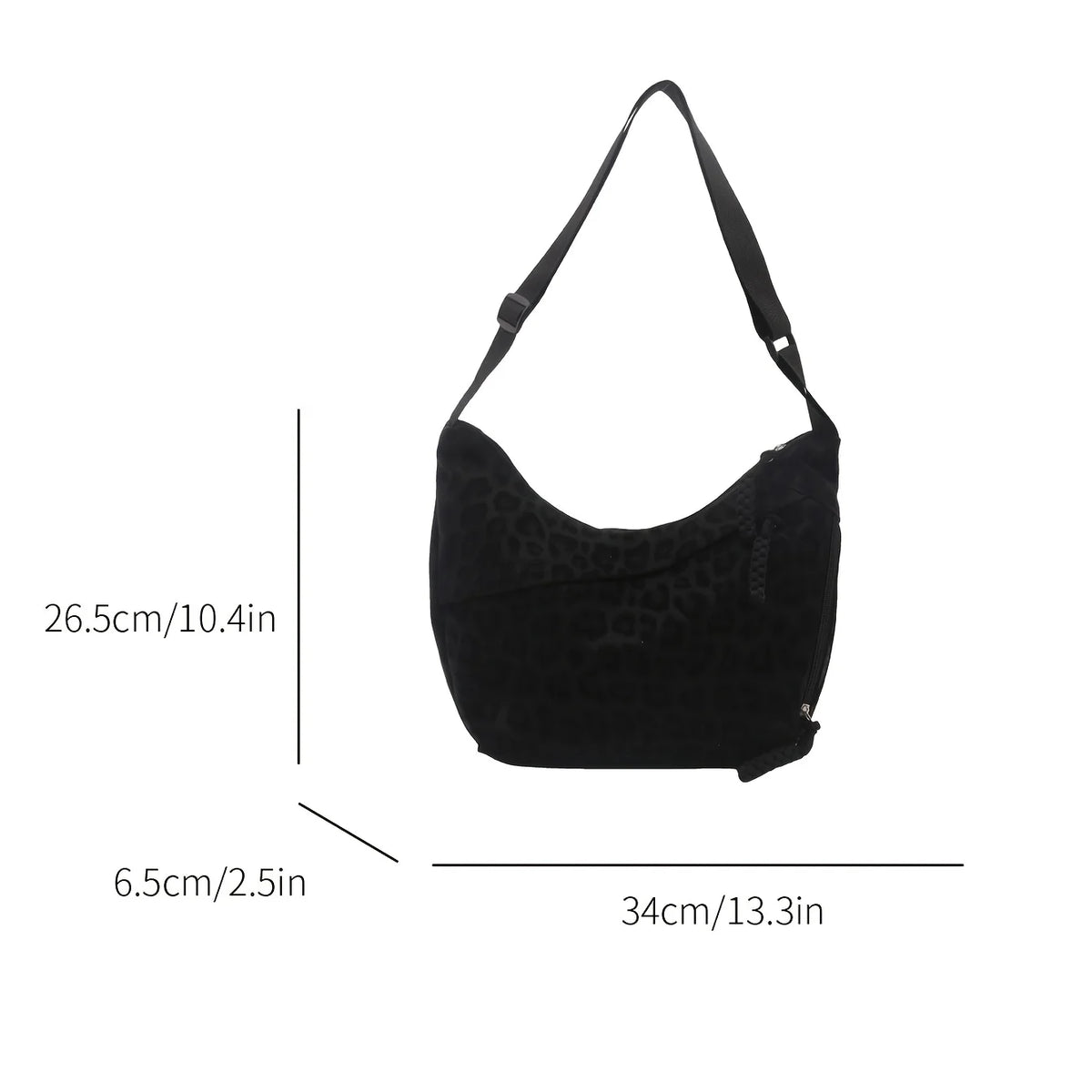 Black leopard print crossbody bag shown with dimensions 26.5cm x 6.5cm and 34cm.