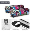 A detail display of an elegant leather pencil case featuring a skull design and various hardware components.