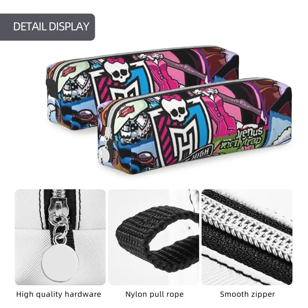 A detail display of an elegant leather pencil case featuring a skull design and various hardware components.
