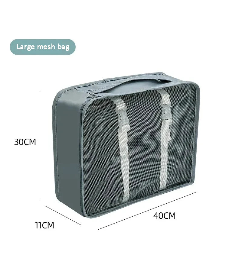 A rectangular gray mesh bag with two straps is shown, illustrating its dimensions.