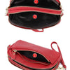 A red leather double-zip wristlet wallet shown open and closed.