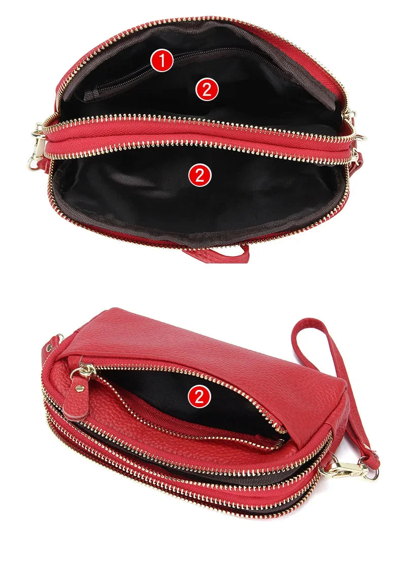 A red leather double-zip wristlet wallet shown open and closed.