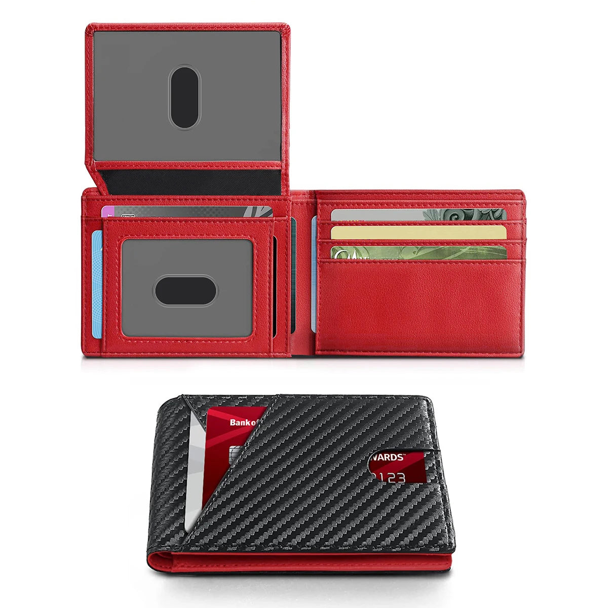A red slim bifold wallet with a leather cover and RFID blocking features shown in two views.