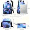 A set of purple and blue galaxy-themed backpacks, including a main backpack and a separate pouch.