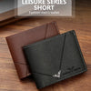 A brown and black leather short wallet shown open, featuring a textured finish and branding.