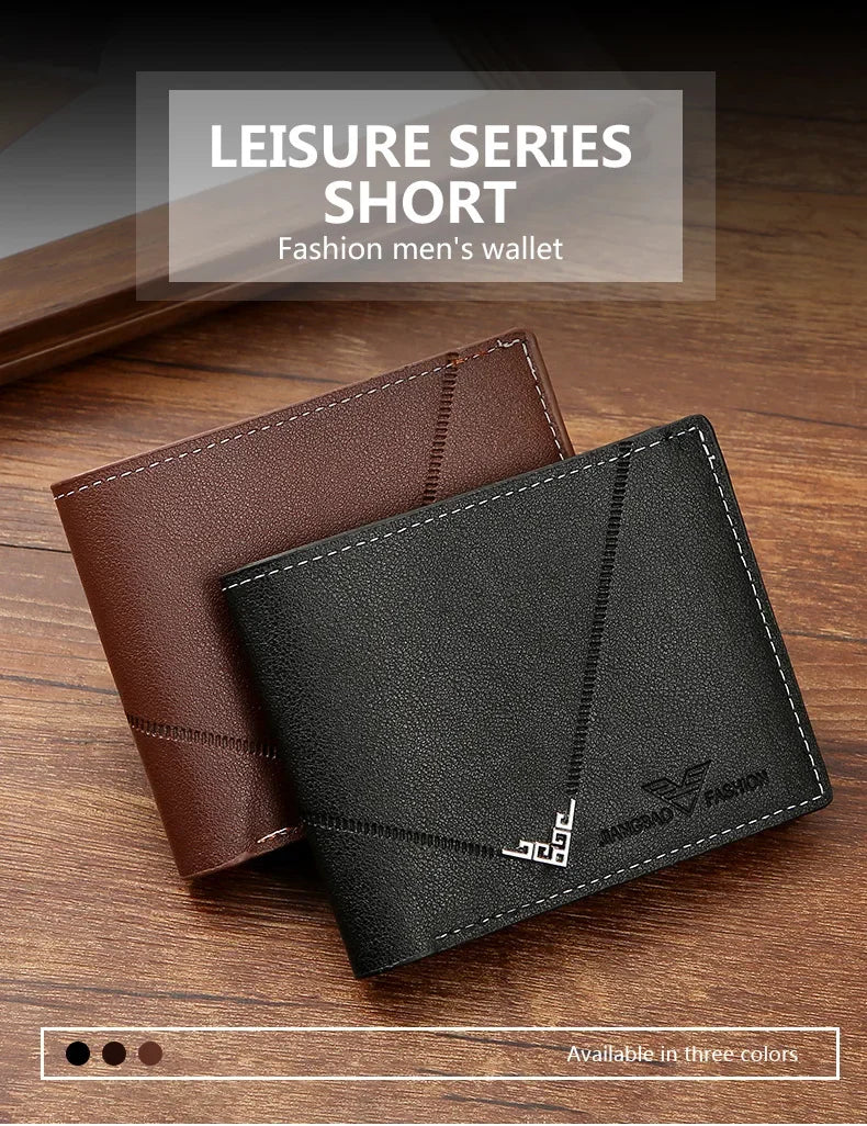 A brown and black leather men's wallet shown open, featuring a slim design.