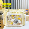 A New Style D yellow transparent shoulder tote bag with a white pendant and lace trim.