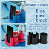 Various colored drink holders and phone stands for kayaking or water activities in blue, pink, and black.