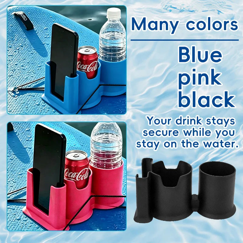 Various colored drink holders and phone stands for kayaking or water activities in blue, pink, and black.