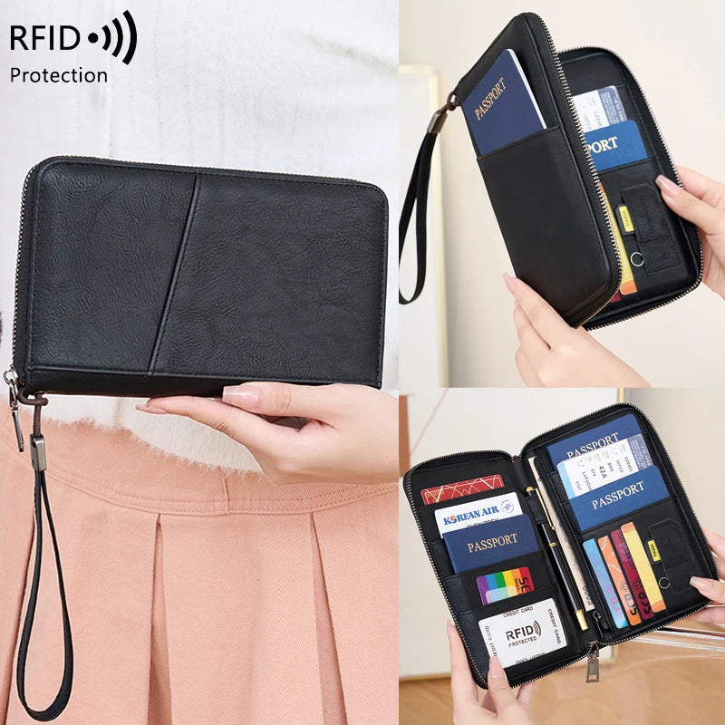 A black RFID blocking travel wallet is shown being held by a person, featuring a passport and other documents.