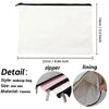 A white canvas makeup bag with a black zipper and a pink and white lining shown flat and in detail.