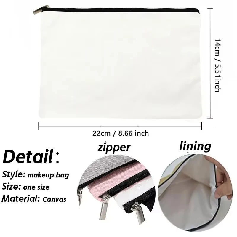 A white canvas makeup bag with a black zipper and a pink and white lining shown flat and in detail.