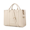 Sac tote de luxe en PU beige avec garniture en cuir beige clair et quincaillerie dorée.