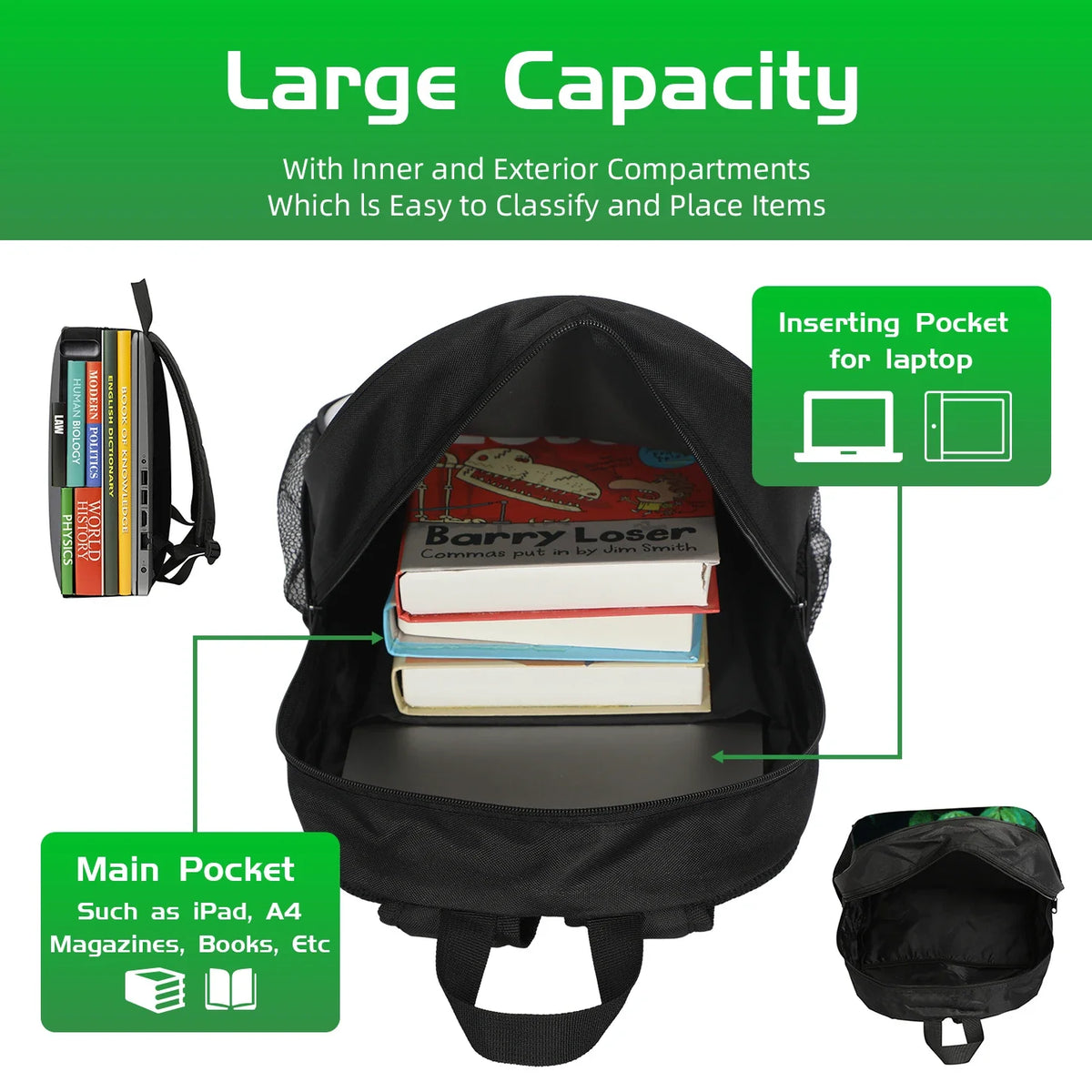 Black backpack with inner and exterior compartments designed for easy classification and storage of items like laptops, magaz