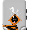 A gray suitcase with a black handle featuring a tiger face design that says ROAR NOT YOURS