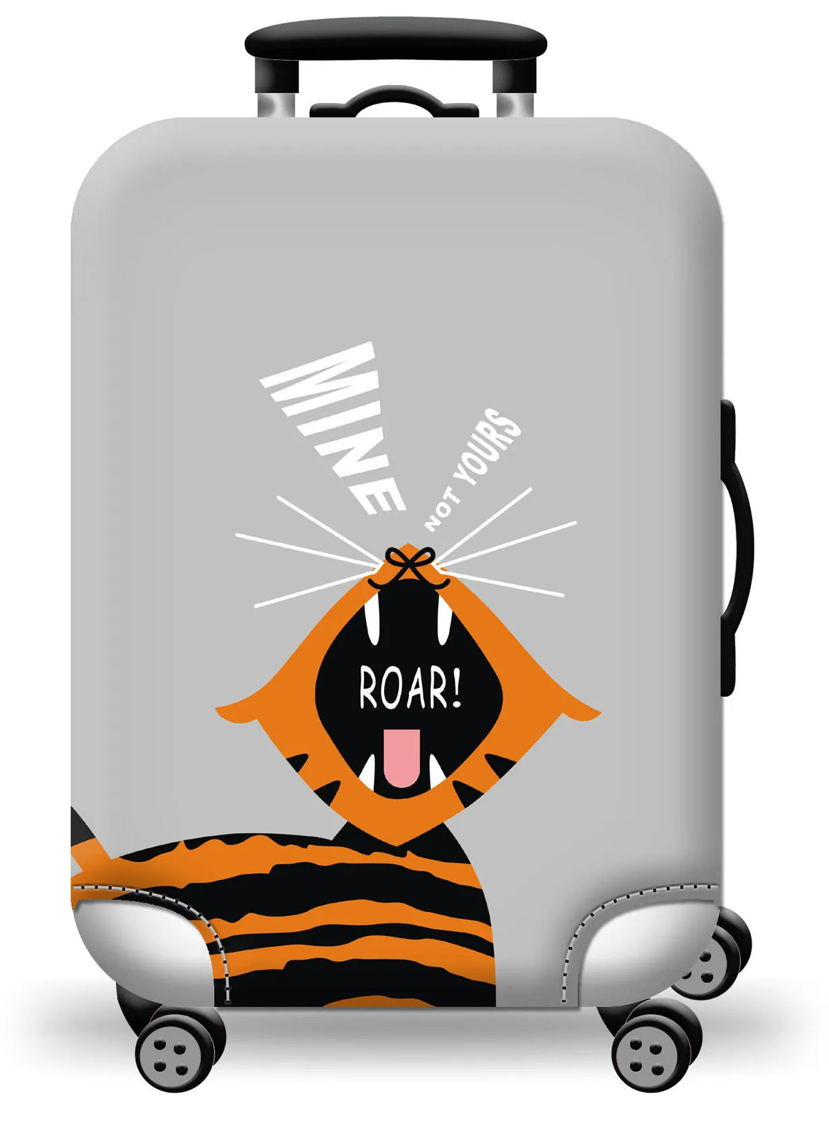 A gray suitcase with a black handle featuring a tiger face design that says ROAR NOT YOURS