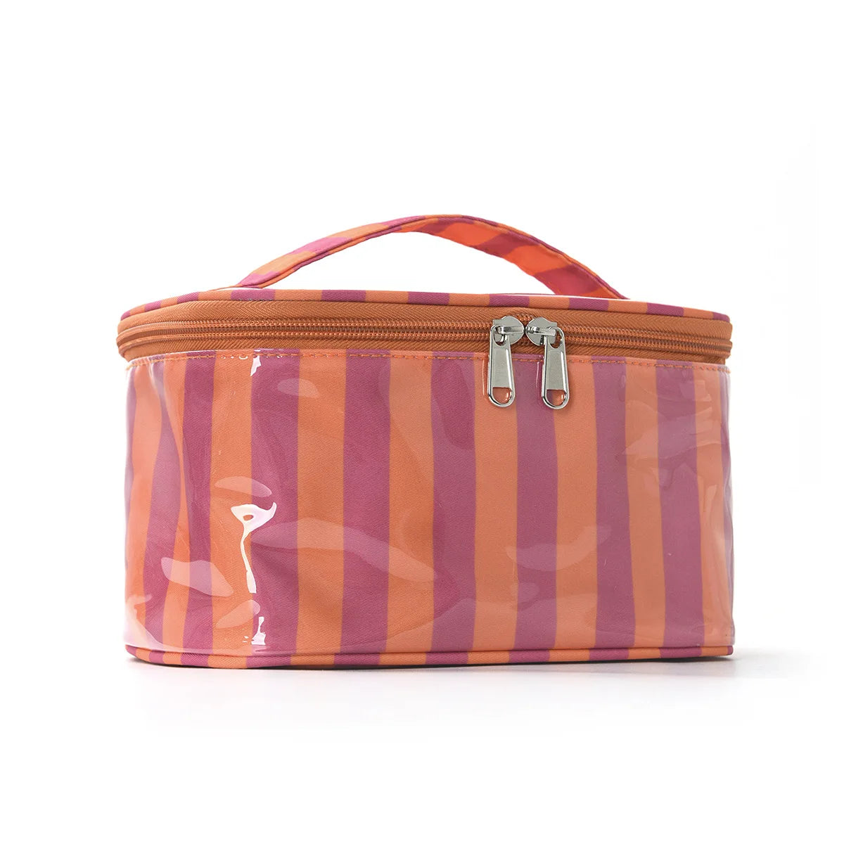 Bolsa de almacenamiento cosmético con diseño de rayas naranjas y moradas y tapa bisagra.