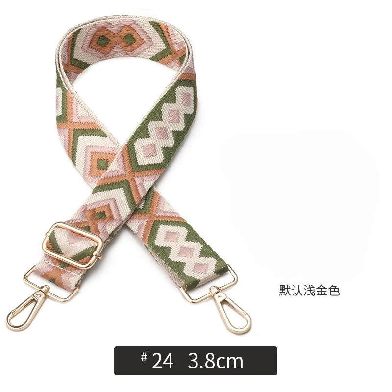 A beige and olive patterned adjustable crossbody strap for handbags, measuring 3.8cm.