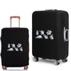Black elastic luggage cover with a silver cartoon animal print featuring various cute creatures.