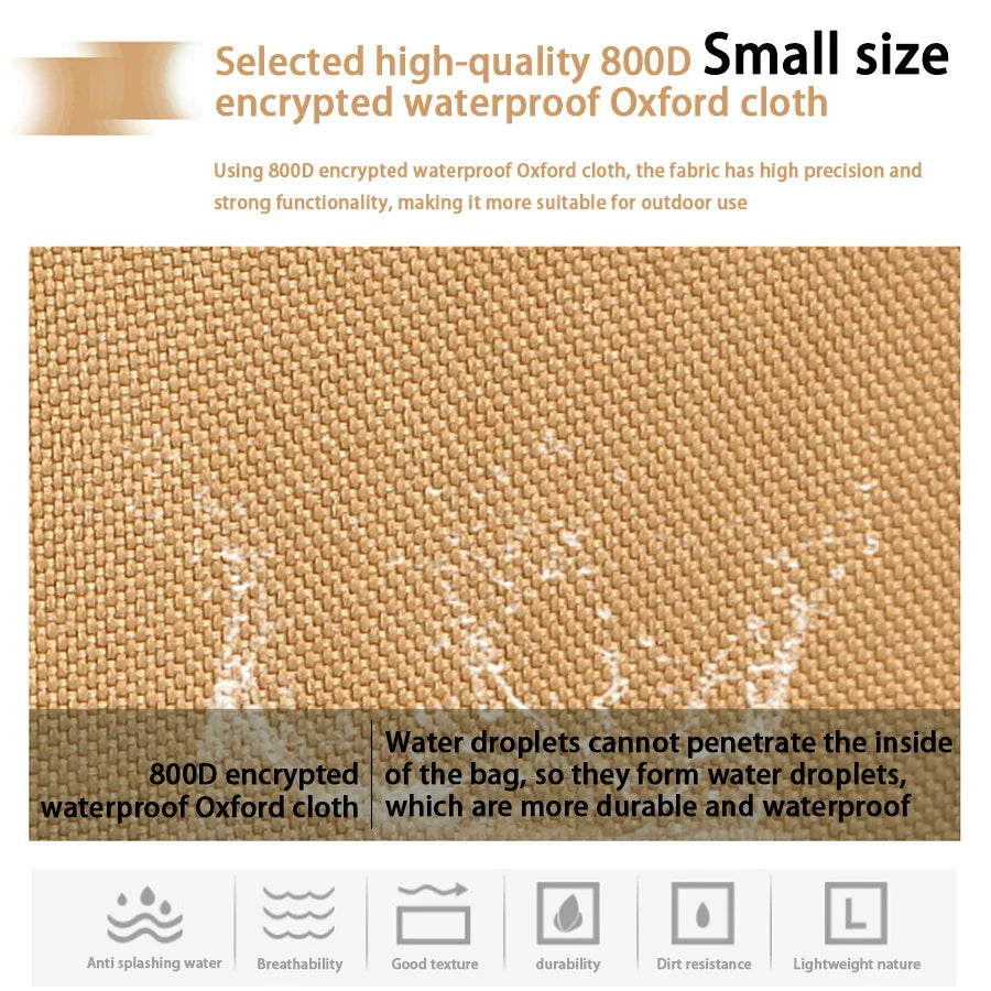 A close-up view of a tan Oxford cloth material used for waterproof and durable outdoor use.
