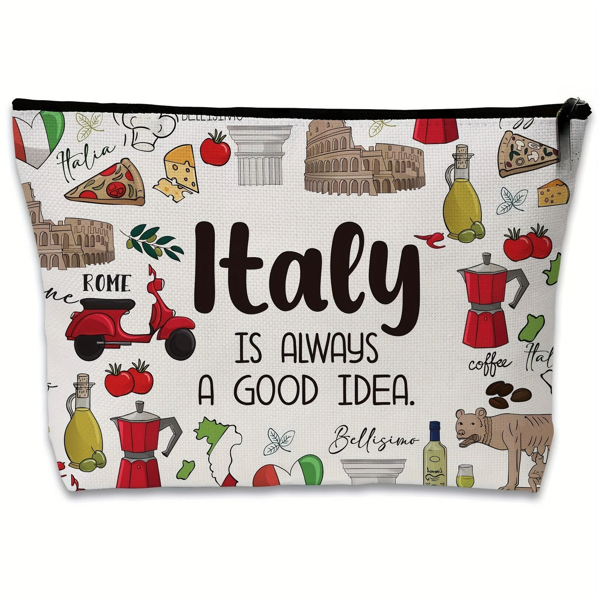 A black fabric makeup bag featuring various Italian themed illustrations like food, landmarks, and symbols.
