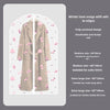 A beige winter coat garment dust cover displayed on a hanger, showing fully enclosed design details.