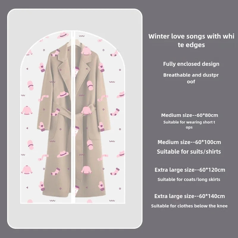 A beige winter coat garment dust cover displayed on a hanger, showing fully enclosed design details.