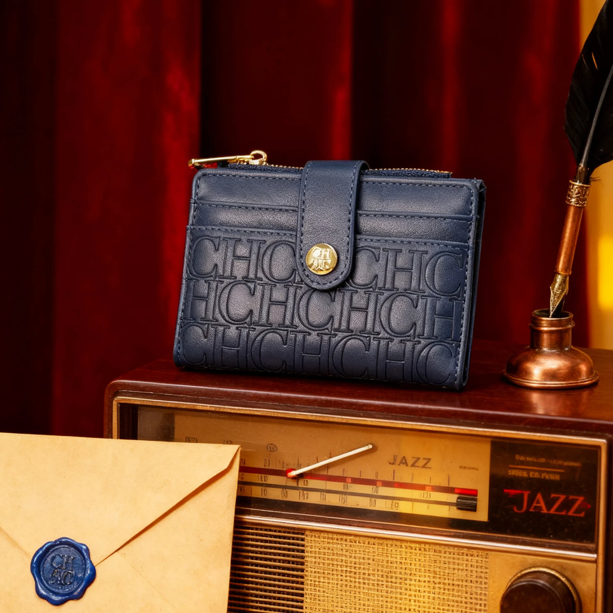 A dark blue leather square folding wallet with gold accents rests on a wooden surface next to a vintage radio.