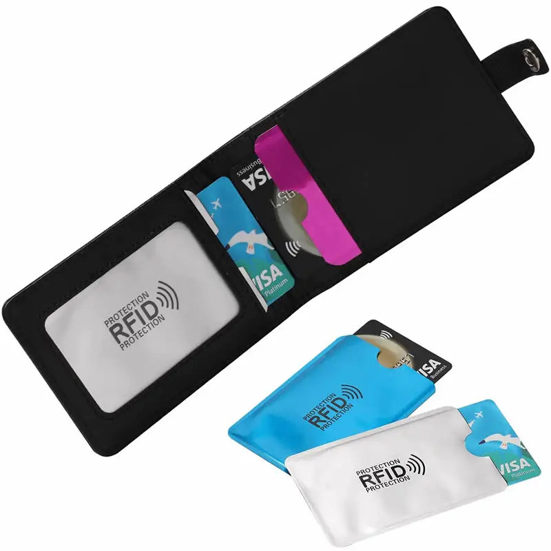 Black card sleeve with multiple anti-scan RFID protection sleeves.