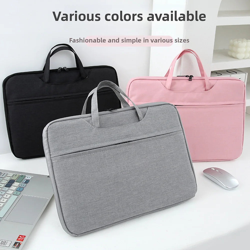 Three laptop sleeves in black, pink, and gray are displayed next to a silver computer mouse.